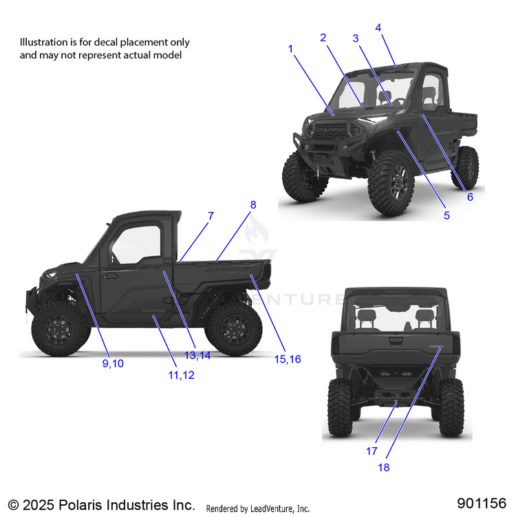 An Image of a Genuine Polaris Parts Schematic Diagram showing the schematic - BODY: DECALS - 2026 POLARIS RANGER XD 1500 NORTHSTAR ULTIMATE