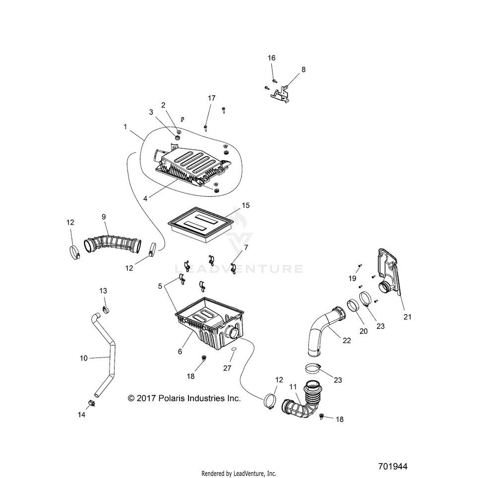 An Image of a Genuine Polaris Parts Schematic Diagram showing the schematic - ENGINE: AIR INTAKE SYSTEM - 2018 POLARIS RANGER CREW 1000 EPS