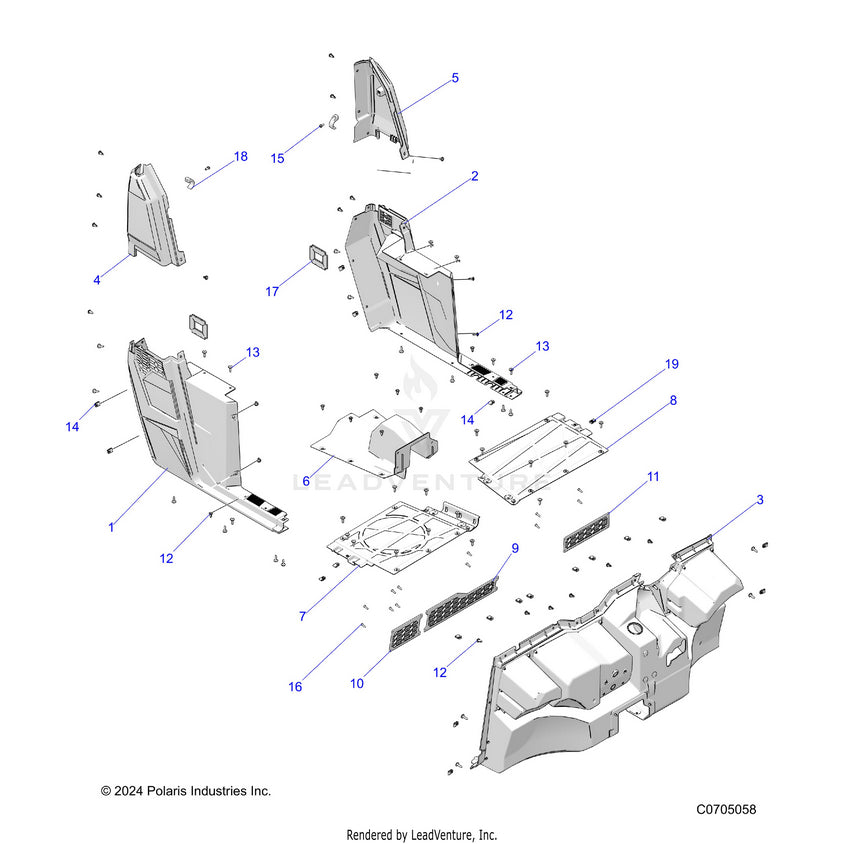 An Image of a Genuine Polaris Parts Schematic Diagram showing the schematic - BODY: FLOOR & ROCKERS - 2022 POLARIS RANGER 570