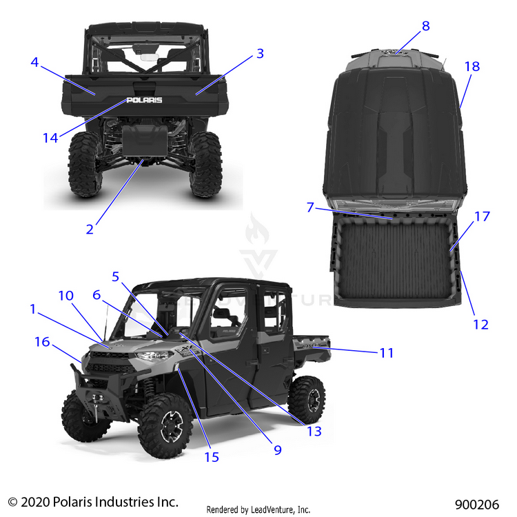 An Image of a Genuine Polaris Parts Schematic Diagram showing the schematic - BODY: DECALS - 2021 POLARIS RANGER CREW XP 1000 NORTHSTAR TRAIL BOSS EVAP