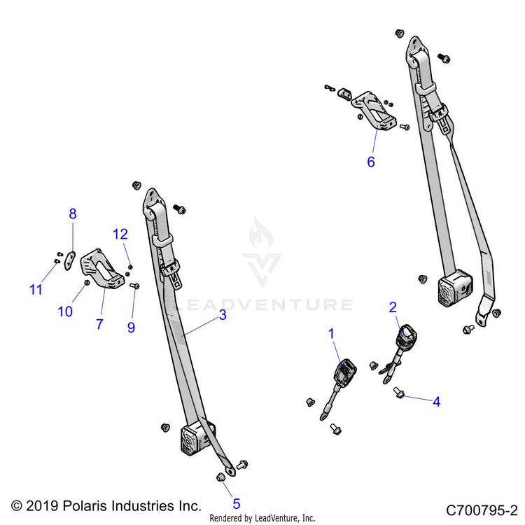 An Image of a Genuine Polaris Parts Schematic Diagram showing the schematic - BODY: SEAT BELT MOUNTING - 2022 POLARIS GENERAL XP 1000 TRAILHEAD LE