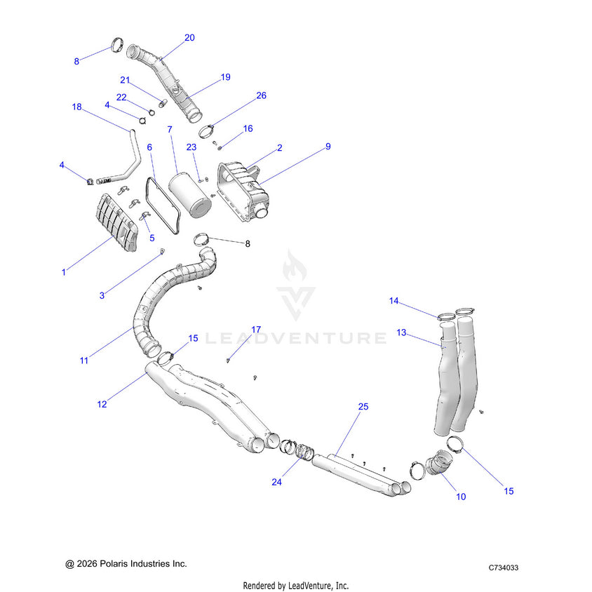 An Image of a Genuine Polaris Parts Schematic Diagram showing the schematic - ENGINE: AIR INTAKE SYSTEM - 2026 POLARIS RANGER 1000 XP CREW NORTHSTAR ULTIMATE TRAIL BOSS