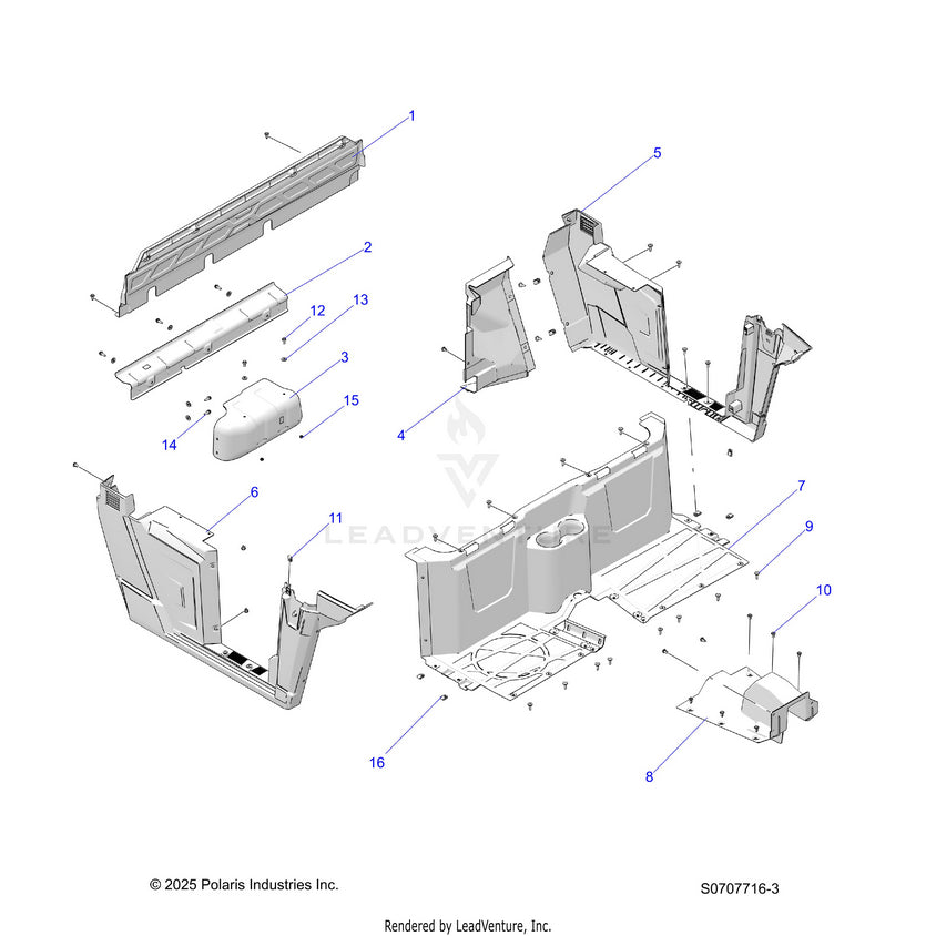 An Image of a Genuine Polaris Parts Schematic Diagram showing the schematic - BODY: FLOOR REAR FENDERS & CLOSE OFF - 2026 POLARIS RANGER 500