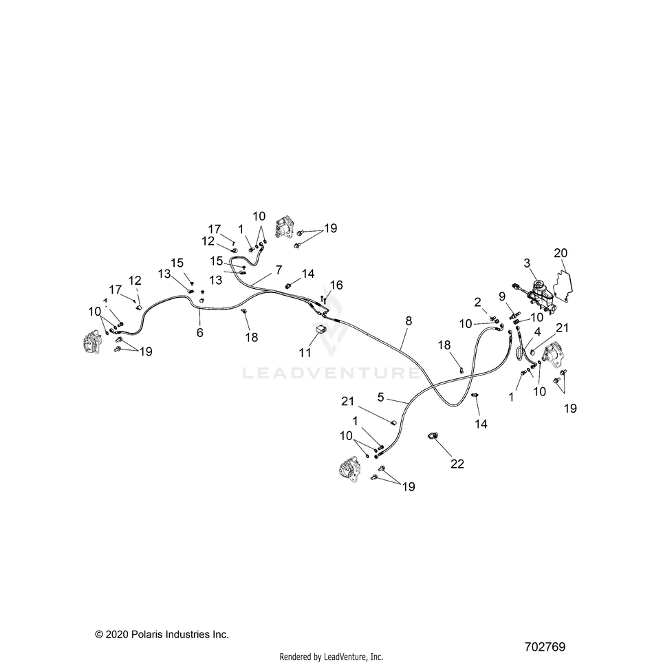 An Image of a Genuine Polaris Parts Schematic Diagram showing the schematic - BRAKES: BRAKE LINES & MASTER CYLINDER - 2021 POLARIS RANGER 500