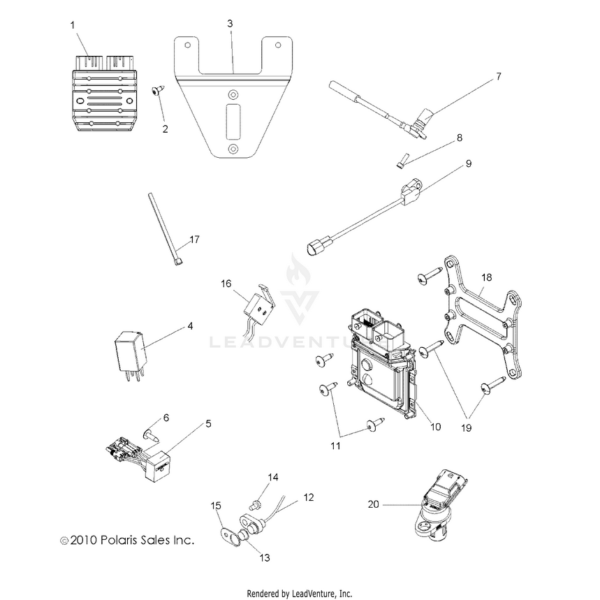 An Image of a Genuine Polaris Parts Schematic Diagram showing the schematic - ELECTRICAL: REGULATOR RELAYS SENSORS & ECU - 2015 POLARIS RANGER 800 6X6