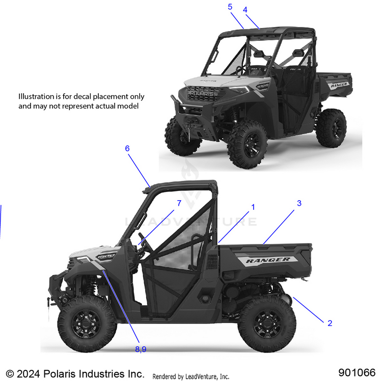 An Image of a Genuine Polaris Parts Schematic Diagram showing the schematic - BODY: DECALS GENERAL - 2025 POLARIS RANGER 1000 EPS