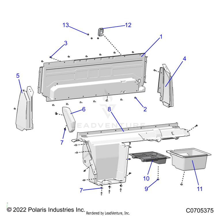 An Image of a Genuine Polaris Parts Schematic Diagram showing the schematic - BODY: REAR CLOSEOFF & FENDERS - 2022 POLARIS RANGER XP 1000 TRAIL BOSS EVAP