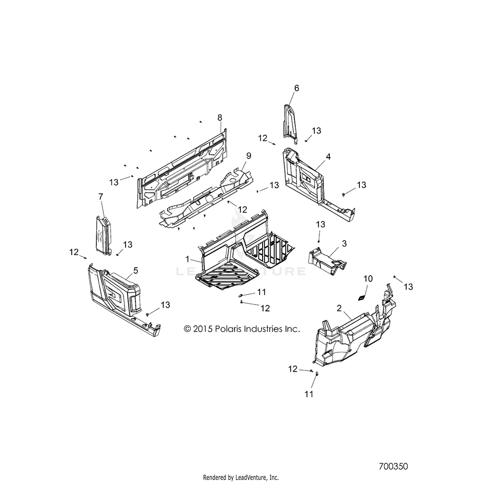 An Image of a Genuine Polaris Parts Schematic Diagram showing the schematic - BODY: FLOOR & FENDERS - 2016 POLARIS RANGER 1000 DIESEL