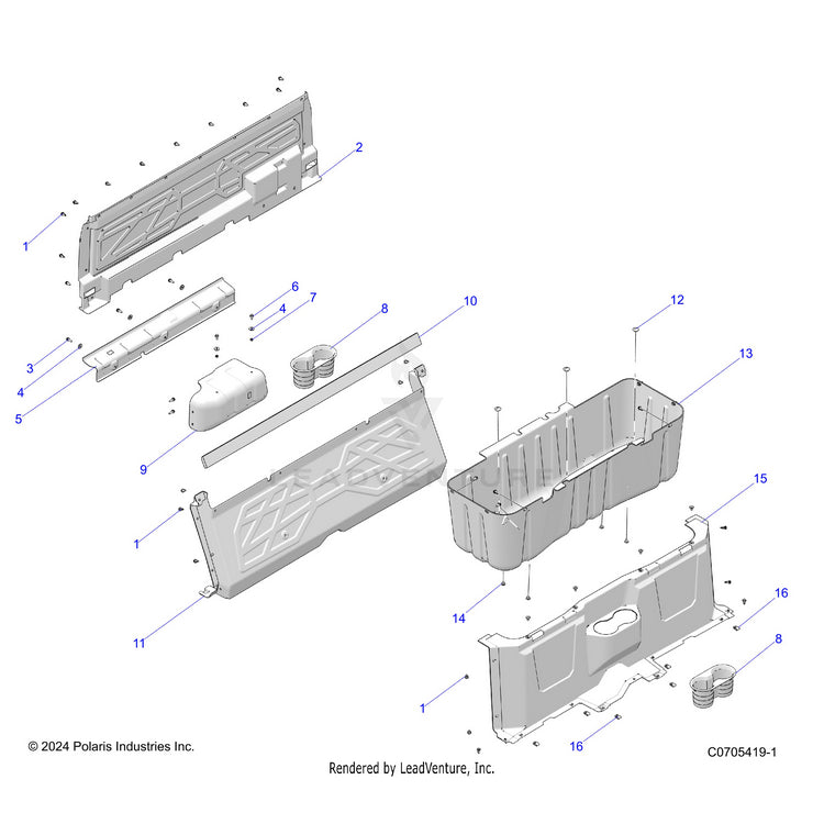 An Image of a Genuine Polaris Parts Schematic Diagram showing the schematic - BODY: FLOOR CLOSEOFFS & BIN - 2022 POLARIS RANGER CREW 570