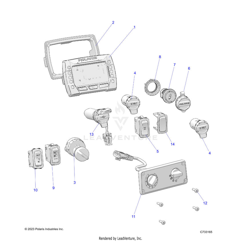 An Image of a Genuine Polaris Parts Schematic Diagram showing the schematic - ELECTRICAL: DASH INSTRUMENTS & CONTROLS - 2024 POLARIS RANGER 570 NORTHSTAR
