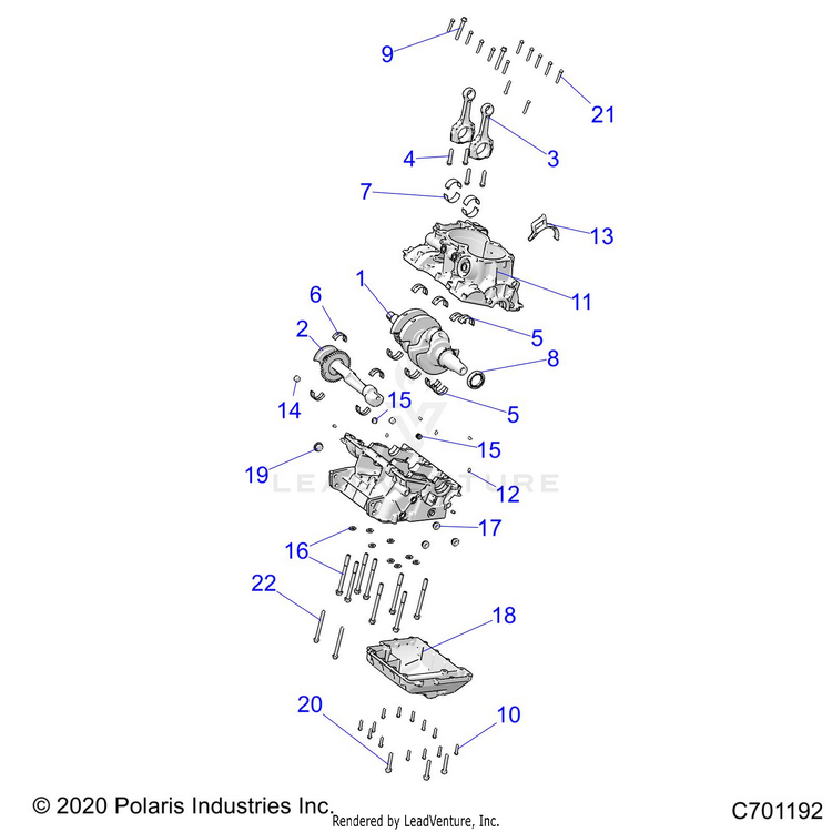 An Image of a Genuine Polaris Parts Schematic Diagram showing the schematic - ENGINE: CRANKCASE & CRANKSHAFT - 2021 POLARIS RANGER XP 1000 NORTHSTAR TRAIL BOSS EVAP