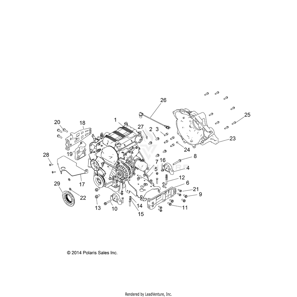 An Image of a Genuine Polaris Parts Schematic Diagram showing the schematic - ENGINE: MOUNTING & LONG BLOCK - 2015 POLARIS RANGER HST