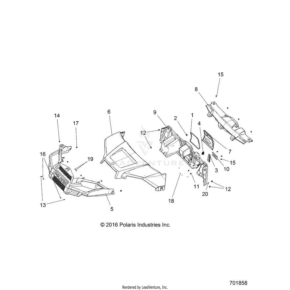 An Image of a Genuine Polaris Parts Schematic Diagram showing the schematic - BODY: HOOD DASH & GRILL - 2021 POLARIS RANGER EV