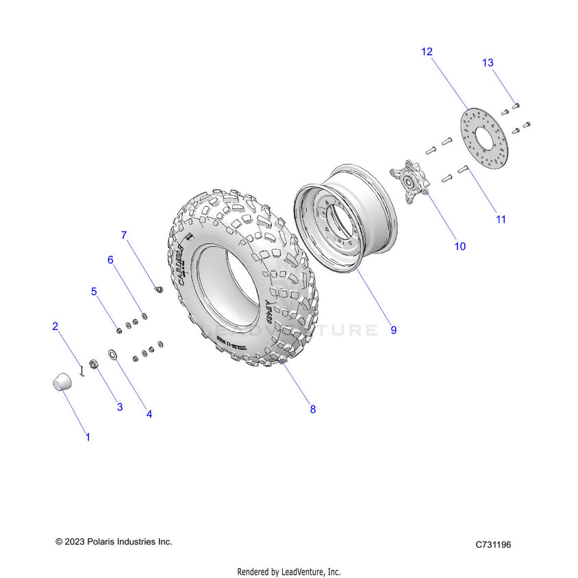 An Image of a Genuine Polaris Parts Schematic Diagram showing the schematic - WHEELS: FRONT - 2025 POLARIS RANGER 570 CREW