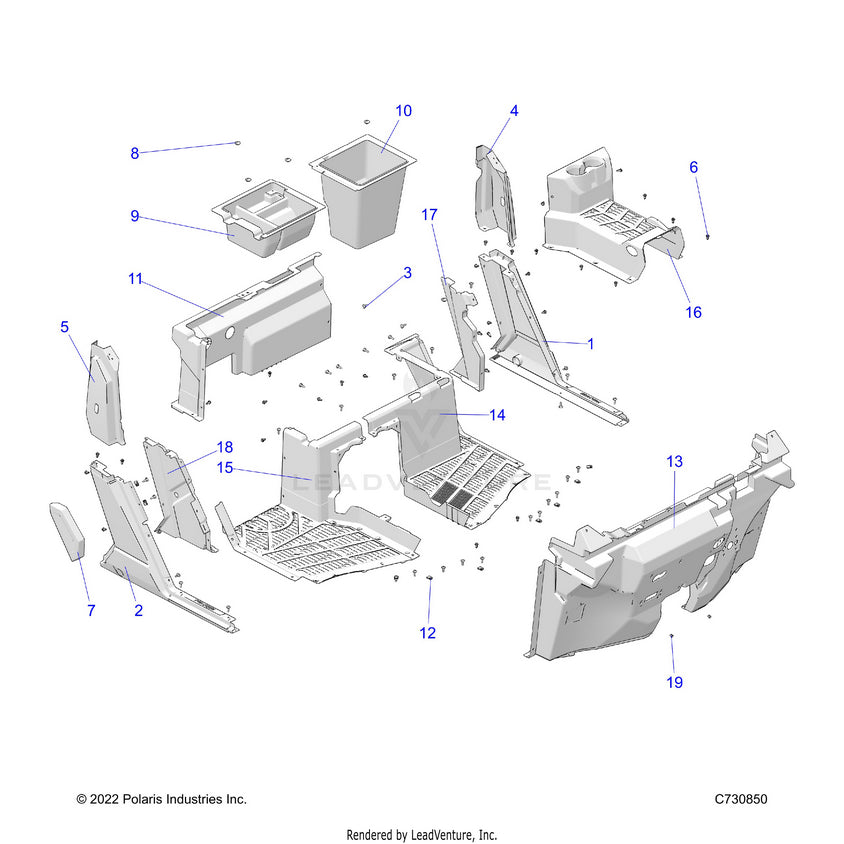 An Image of a Genuine Polaris Parts Schematic Diagram showing the schematic - BODY: FRONT FLOOR & ROCKERS - 2025 POLARIS RANGER 1000 XP CREW NORTHSTAR ULTIMATE