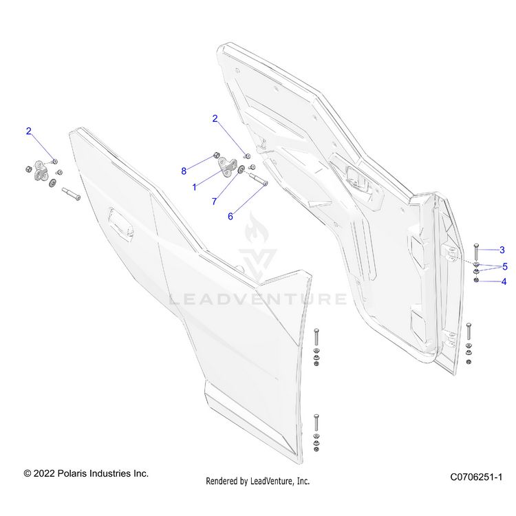 An Image of a Genuine Polaris Parts Schematic Diagram showing the schematic - BODY: DOOR MOUNTING FRONT - 2025 POLARIS GENERAL XP 4 1000 ULTIMATE