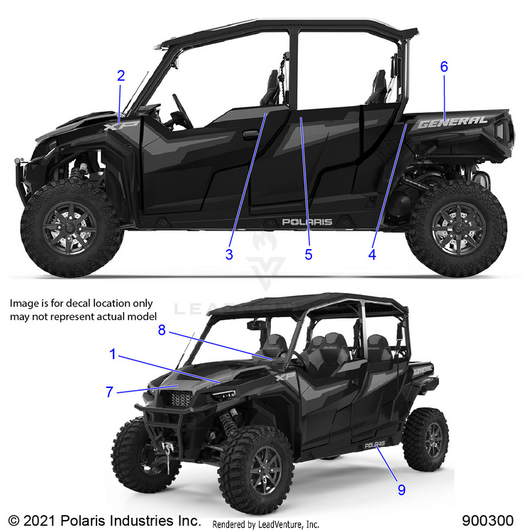 An Image of a Genuine Polaris Parts Schematic Diagram showing the schematic - BODY: DECALS (2) - 2022 POLARIS GENERAL XP 4 1000 DELUXE
