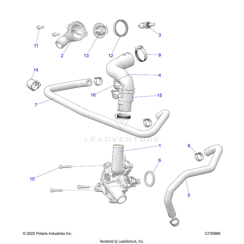 An Image of a Genuine Polaris Parts Schematic Diagram showing the schematic - ENGINE: WATERPUMP & BYPASS - 2023 POLARIS RANGER 1000 PREMIUM EPS