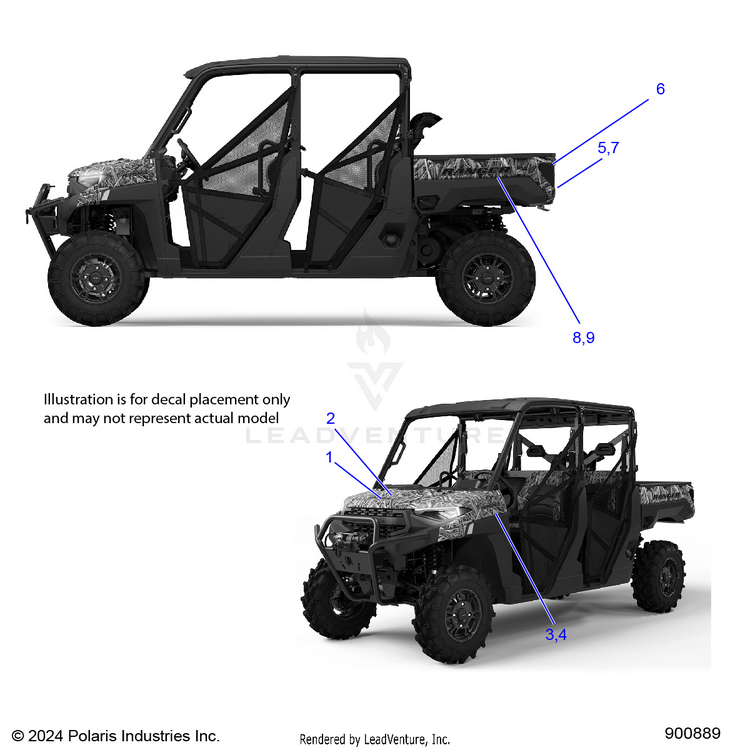 An Image of a Genuine Polaris Parts Schematic Diagram showing the schematic - BODY: DECALS GRAPHIC - 2025 POLARIS RANGER 1000 XP CREW WATERFOWL