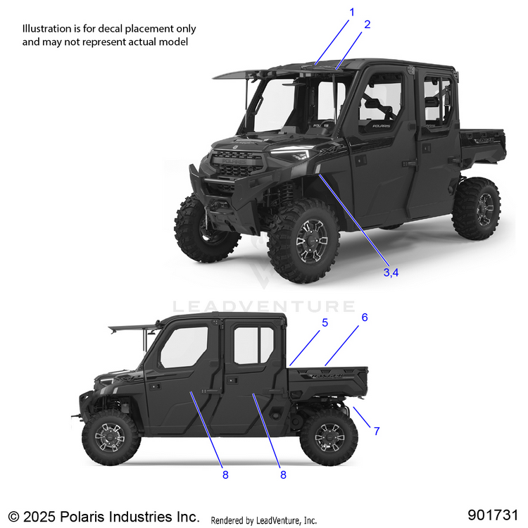 An Image of a Genuine Polaris Parts Schematic Diagram showing the schematic - BODY: DECALS GENERAL - 2026 POLARIS RANGER 1000 XP CREW NORTHSTAR TEXAS EDITION