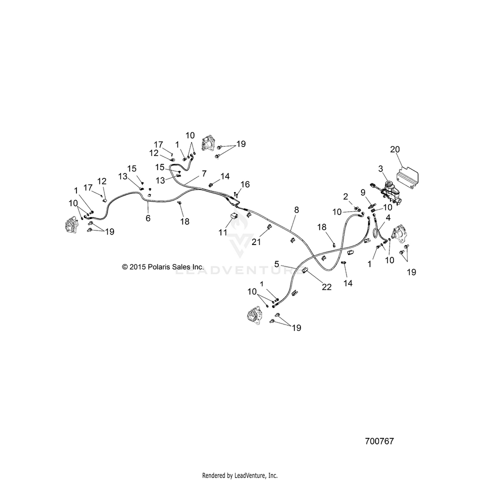 An Image of a Genuine Polaris Parts Schematic Diagram showing the schematic - BRAKES: BRAKE LINES & MASTER CYLINDER - 2016 POLARIS RANGER CREW XP 570 FULL SIZE