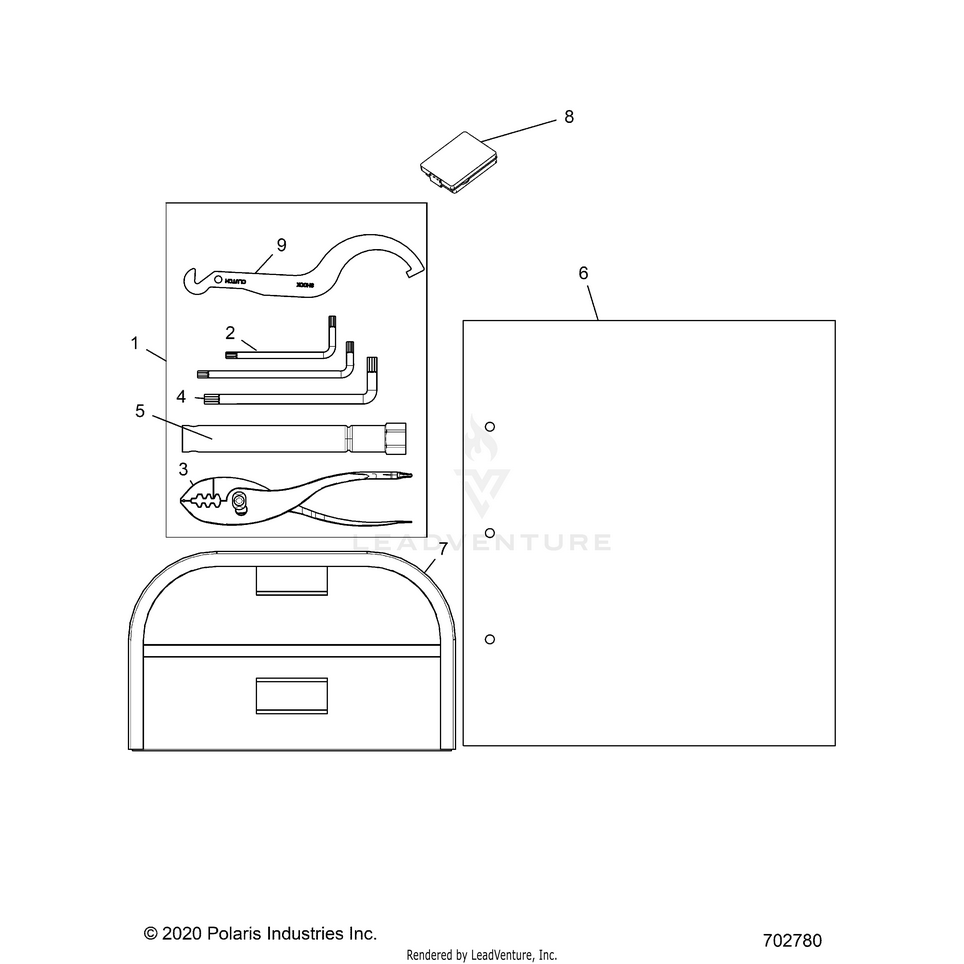 An Image of a Genuine Polaris Parts Schematic Diagram showing the schematic - REFERENCE: TOOL KIT & OWNERS MANUALS - 2021 POLARIS RANGER 1000 FULL SIZE