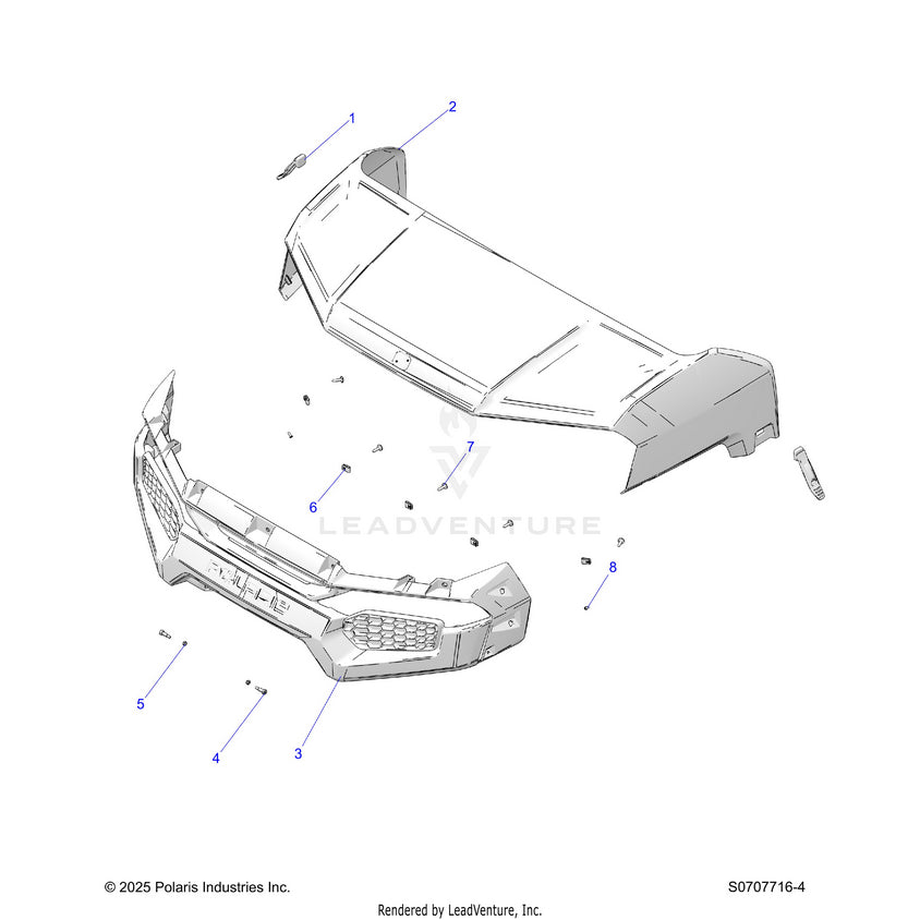 An Image of a Genuine Polaris Parts Schematic Diagram showing the schematic - BODY: HOOD & FRONT FASCIA - 2026 POLARIS RANGER 500