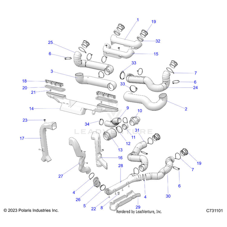 An Image of a Genuine Polaris Parts Schematic Diagram showing the schematic - BODY: HVAC DUCTING - 2026 POLARIS RANGER XD 1500 NORTHSTAR CREW