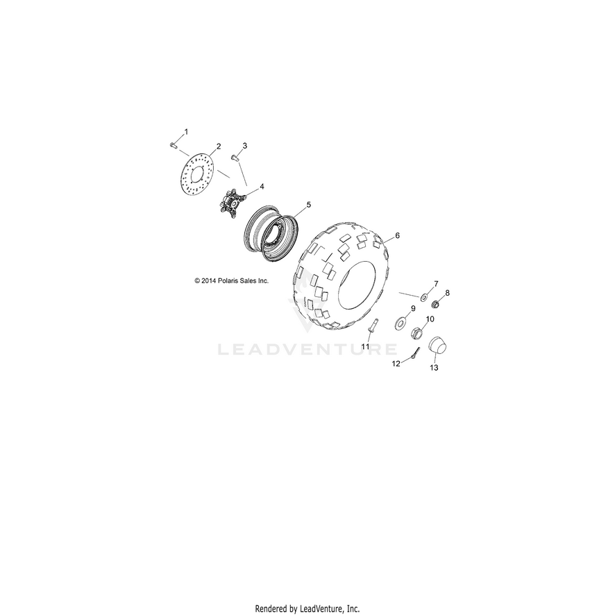 An Image of a Genuine Polaris Parts Schematic Diagram showing the schematic - WHEELS: FRONT - 2016 POLARIS RANGER ETX