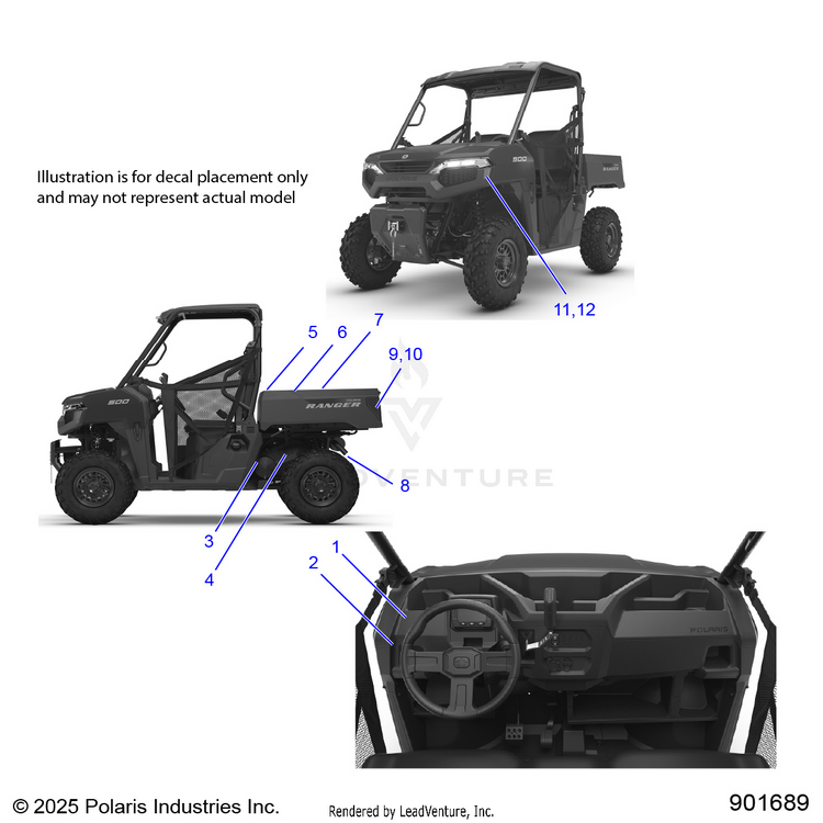 An Image of a Genuine Polaris Parts Schematic Diagram showing the schematic - BODY: DECALS GENERAL - 2026 POLARIS RANGER 500