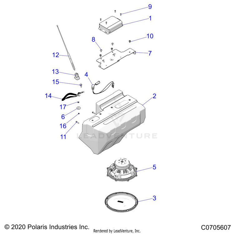 An Image of a Genuine Polaris Parts Schematic Diagram showing the schematic - ACCESSORY: AUDIO SUBWOOFER - 2021 POLARIS GENERAL XP 1000 DELUXE RIDE COMMAND TRAIL
