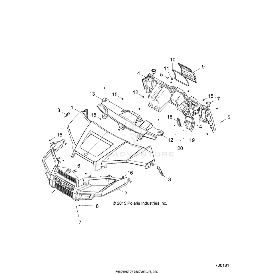An Image of a Genuine Polaris Parts Schematic Diagram showing the schematic - BODY: HOOD DASH & GRILL - 2020 POLARIS RANGER 500