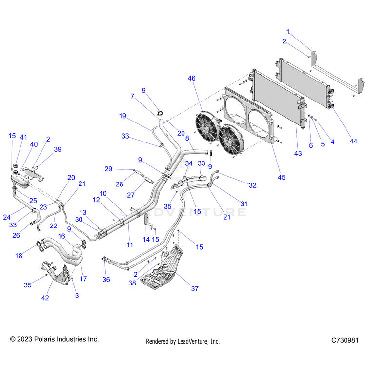 An Image of a Genuine Polaris Parts Schematic Diagram showing the schematic - ENGINE: COOLING - 2024 POLARIS RANGER XD 1500 PREMIUM