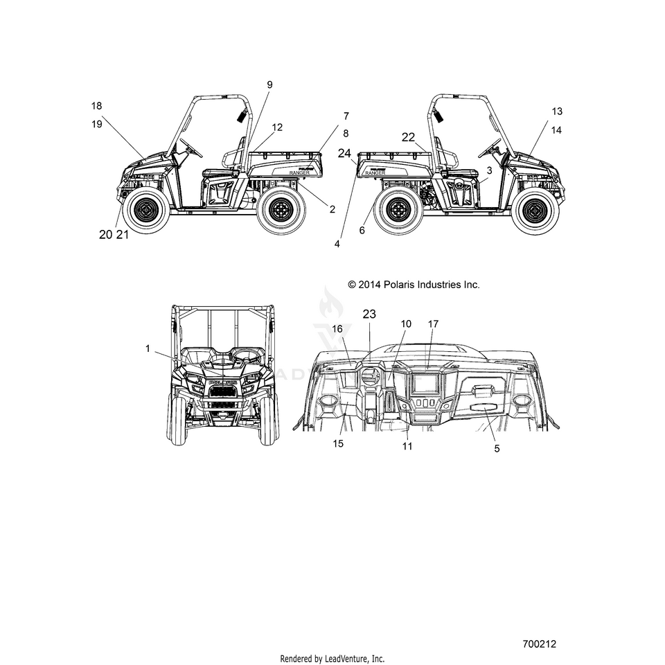 An Image of a Genuine Polaris Parts Schematic Diagram showing the schematic - BODY: DECALS - 2015 POLARIS RANGER 570/EPS