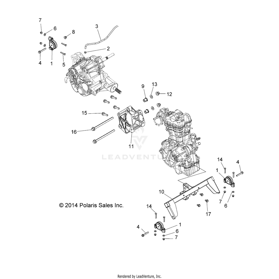 An Image of a Genuine Polaris Parts Schematic Diagram showing the schematic - ENGINE: ENGINE & TRANSMISSION MOUNTING - 2015 POLARIS RANGER ETX