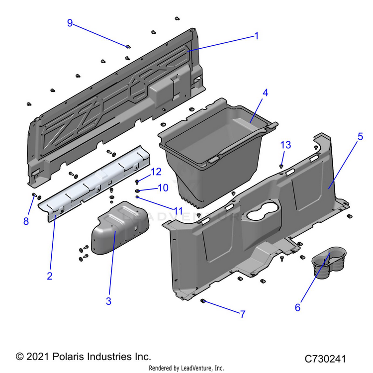 An Image of a Genuine Polaris Parts Schematic Diagram showing the schematic - BODY: FLOOR CLOSEOFFS & BIN - 2022 POLARIS RANGER 570 NORTHSTAR