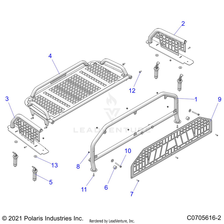 An Image of a Genuine Polaris Parts Schematic Diagram showing the schematic - BODY: BED RACK - 2022 POLARIS GENERAL XP 4 1000 TRAILHEAD LE