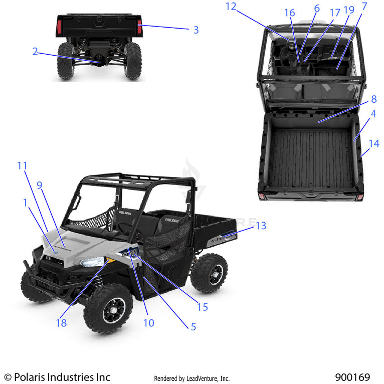 An Image of a Genuine Polaris Parts Schematic Diagram showing the schematic - BODY: DECALS - 2020 POLARIS RANGER 570