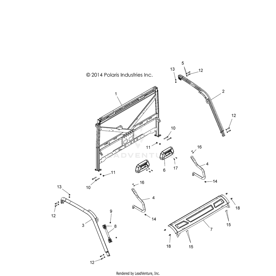 An Image of a Genuine Polaris Parts Schematic Diagram showing the schematic - CHASSIS: CAB FRAME - 2015 POLARIS RANGER 1000 DIESEL