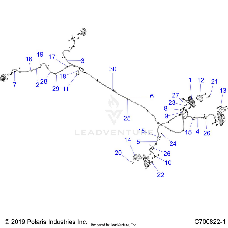 An Image of a Genuine Polaris Parts Schematic Diagram showing the schematic - BRAKES: BRAKE LINES AND MASTER CYLINDER - 2022 POLARIS GENERAL XP 4 1000 HUNTER