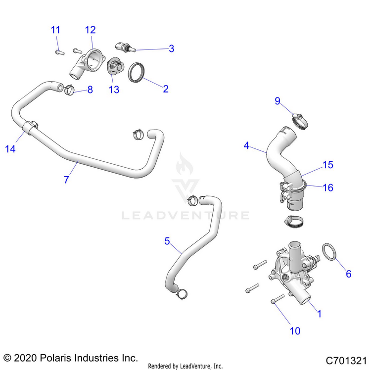 An Image of a Genuine Polaris Parts Schematic Diagram showing the schematic - ENGINE: WATERPUMP & BYPASS - 2022 POLARIS RANGER 1000 EPS FULL SIZE