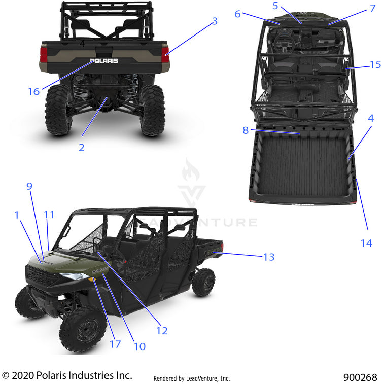 An Image of a Genuine Polaris Parts Schematic Diagram showing the schematic - BODY: DECALS - 2021 POLARIS RANGER CREW 1000 EPS EVAP