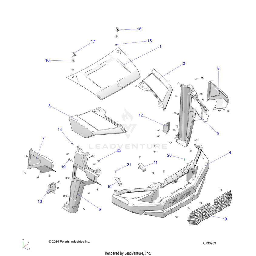 An Image of a Genuine Polaris Parts Schematic Diagram showing the schematic - BODY: HOOD & FRONT FENDERS - 2024 POLARIS RANGER 570 PREMIUM