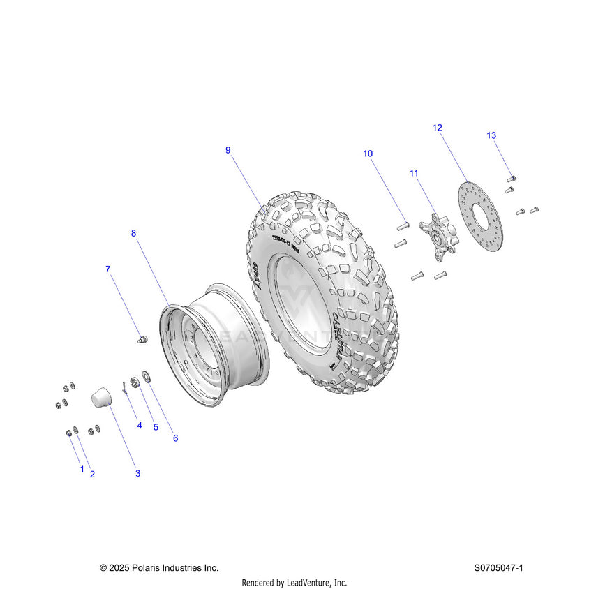 An Image of a Genuine Polaris Parts Schematic Diagram showing the schematic - WHEELS: FRONT - 2026 POLARIS RANGER 570