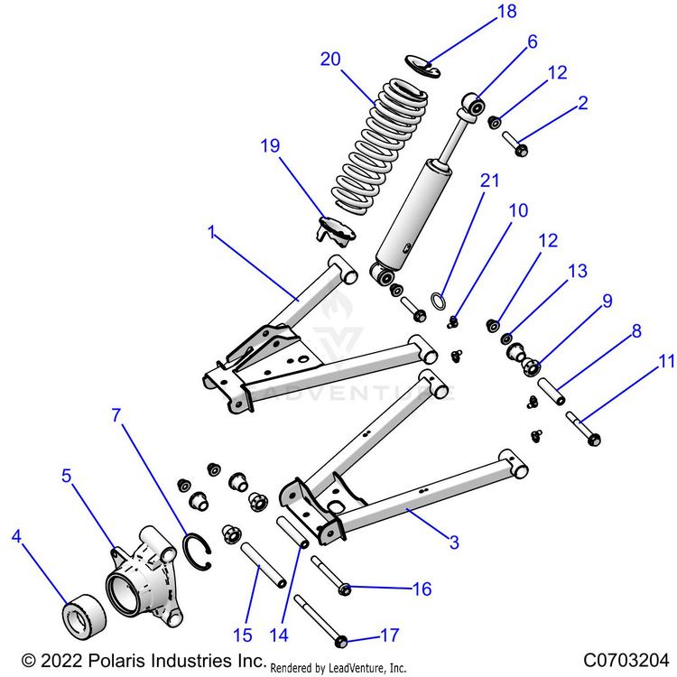 An Image of a Genuine Polaris Parts Schematic Diagram showing the schematic - SUSPENSION: REAR - 2022 POLARIS RANGER 570 FULL SIZE