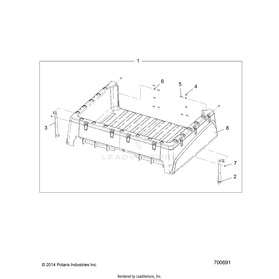 An Image of a Genuine Polaris Parts Schematic Diagram showing the schematic - BODY: BOX - 2016 POLARIS RANGER EV LIION