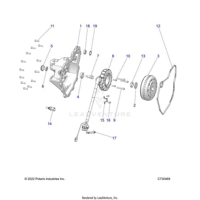 An Image of a Genuine Polaris Parts Schematic Diagram showing the schematic - ENGINE: STATOR COVER & FLYWHEEL - 2025 POLARIS RANGER 570 CREW