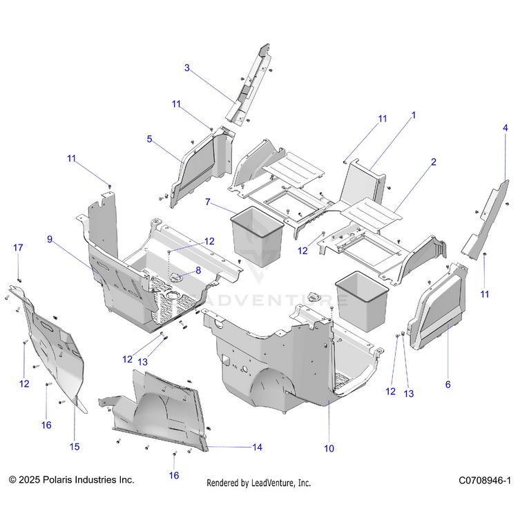 An Image of a Genuine Polaris Parts Schematic Diagram showing the schematic - BODY: FRONT CLOSEOFF AND FLOOR - 2026 POLARIS GENERAL XP 4 1000 SPORT