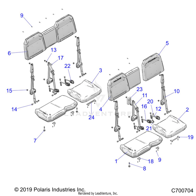 An Image of a Genuine Polaris Parts Schematic Diagram showing the schematic - BODY: SEATS - 2020 POLARIS RANGER CREW 1000 EPS FULL SIZE