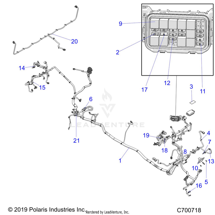 An Image of a Genuine Polaris Parts Schematic Diagram showing the schematic - ELECTRICAL: WIRE HARNESS - 2020 POLARIS RANGER CREW XP 1000 BACK COUNTRY FACTORY CHOICE